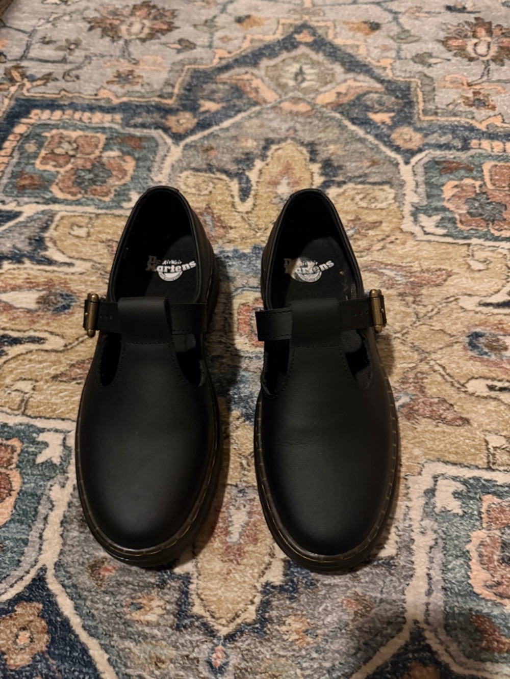 Dr. Martens Black Leather Mary Jane Loafers with Brass Buckle